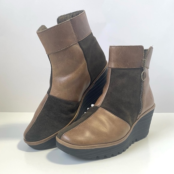 Fly London Yime Two-Tone Brown and Tan Patchwork Wedge Boots Size 39EU/8.5US - Picture 2 of 15